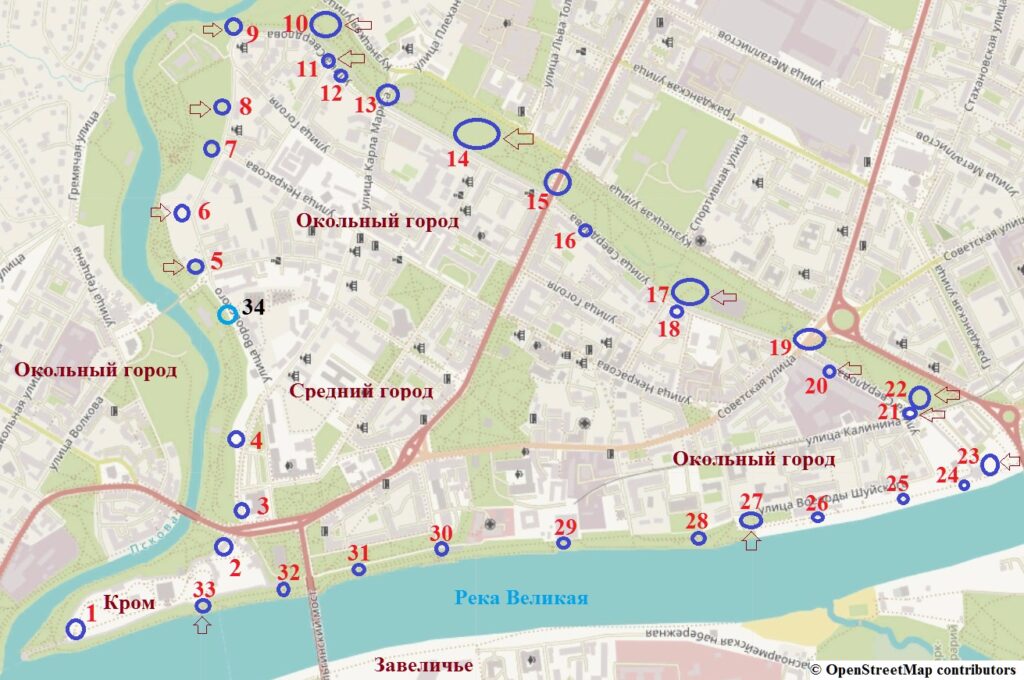 Схема расположения земляных насыпей Пскова начала XVIII века