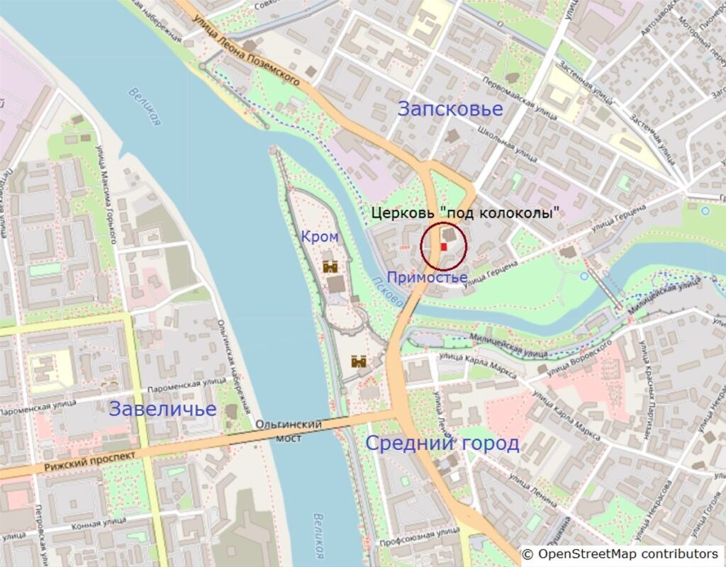 Местоположение церкви "под колоколы" в Примостье в Пскове.