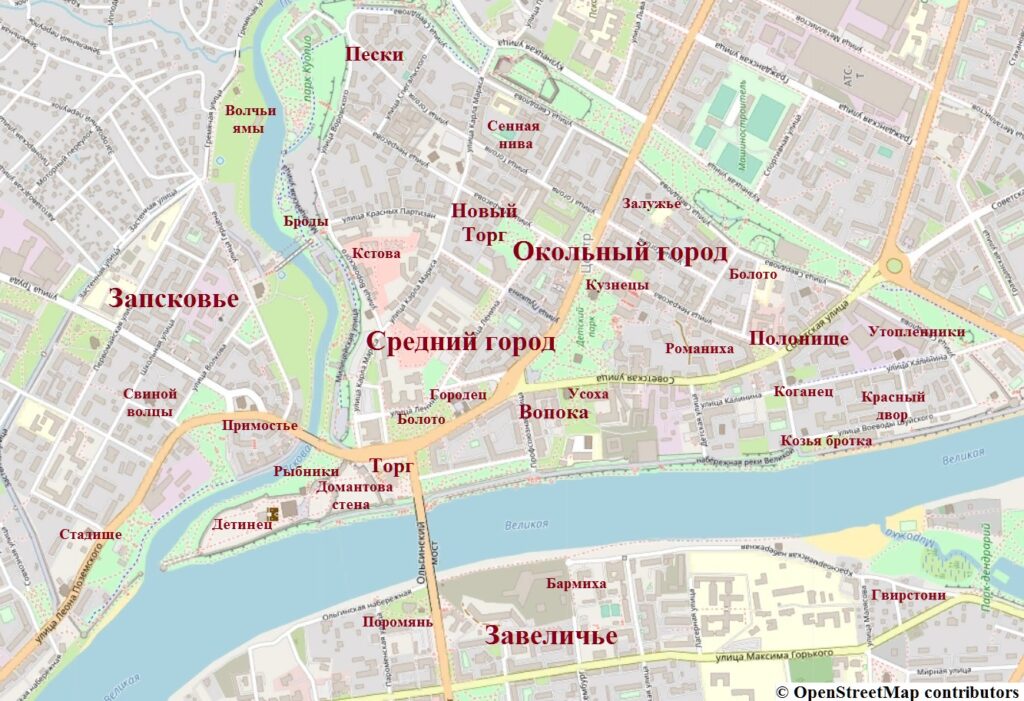 Старинные названия и топонимы Пскова на карте