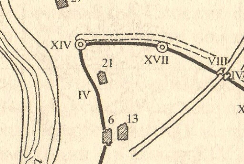 Фрагмент плана из книги И.К.Лабутиной. Обозначения: XIV - Кстовская башня, XVII - Козья башня, 6 - Петропавловская церковь, 13 - Борисоглебская церковь, 21 - церковь Богоявления со Кстовы.