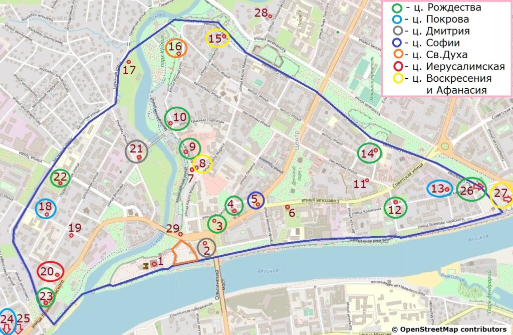 Церкви и монастыри, с которыми взаимодействовали церкви Довмонтова города.