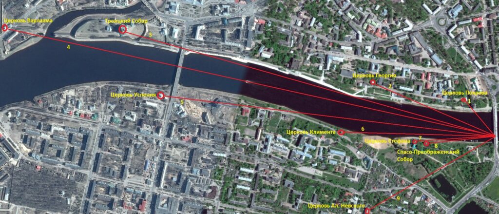 Девять церквей Пскова с моста у Железной горы (западная сторона).