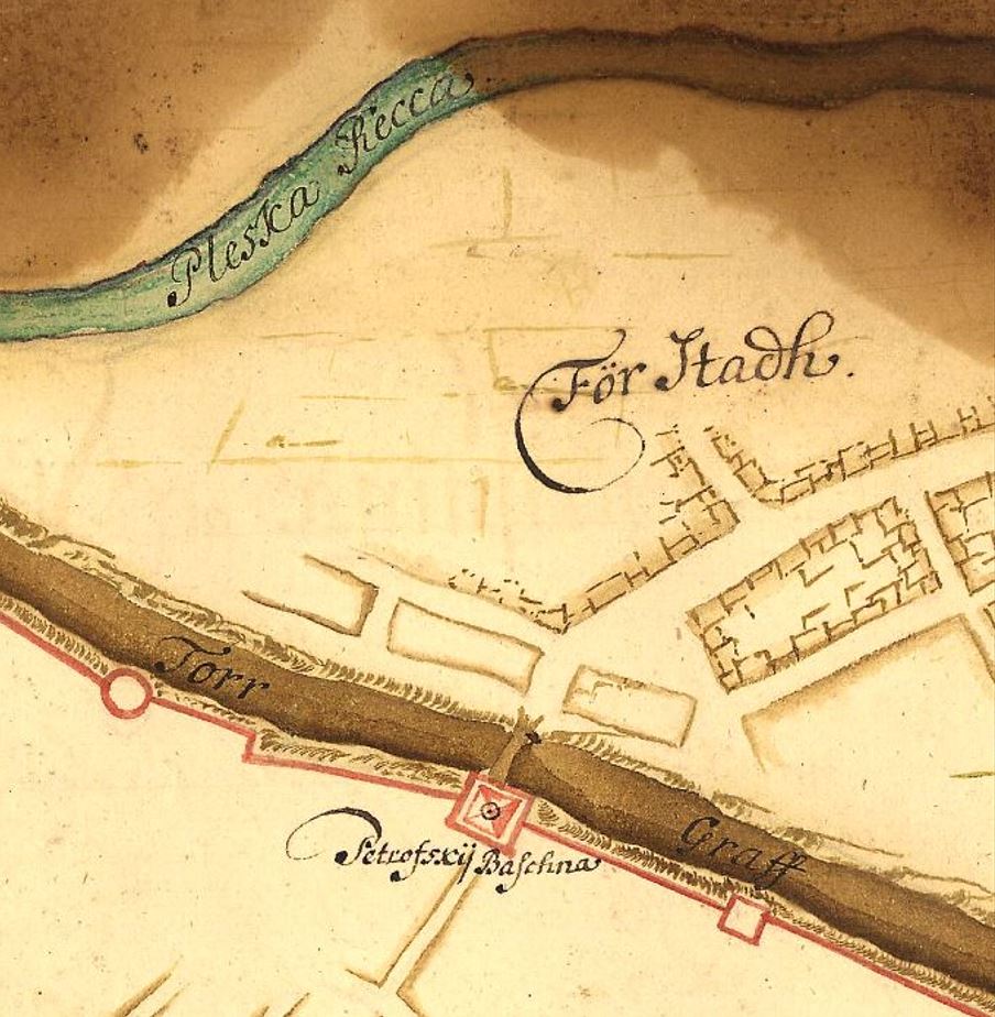 Петровские ворота и посад за стеной Окольного города. Фрагмент плана 1674 года.
