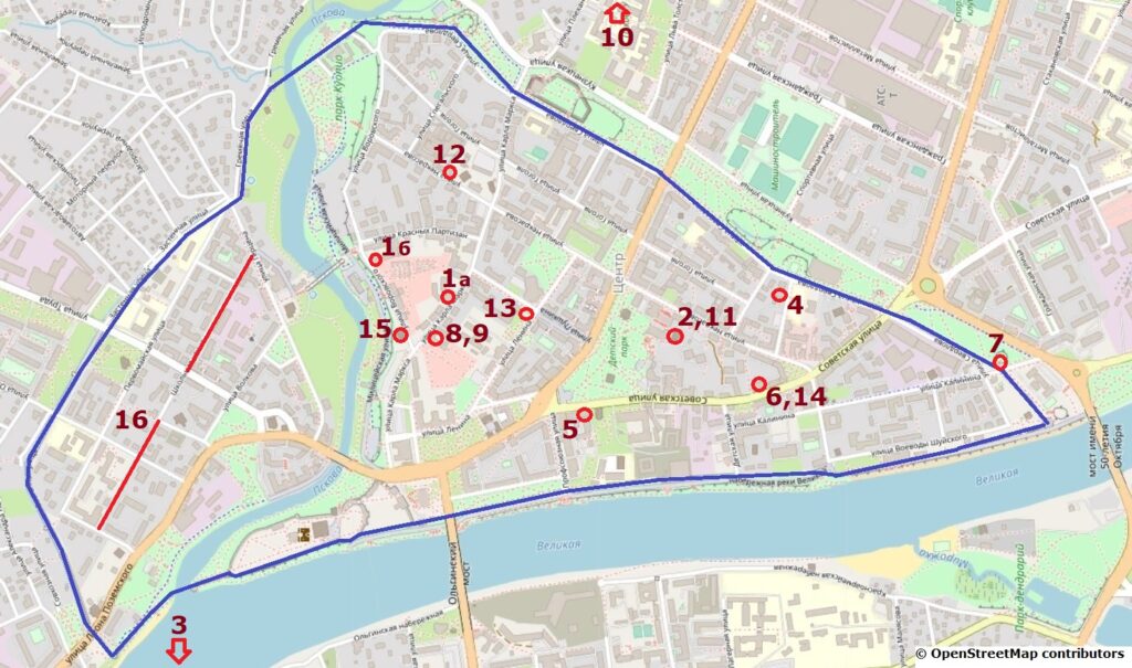 Схема расположения памятных мест историков в Пскове XVII-XX веков