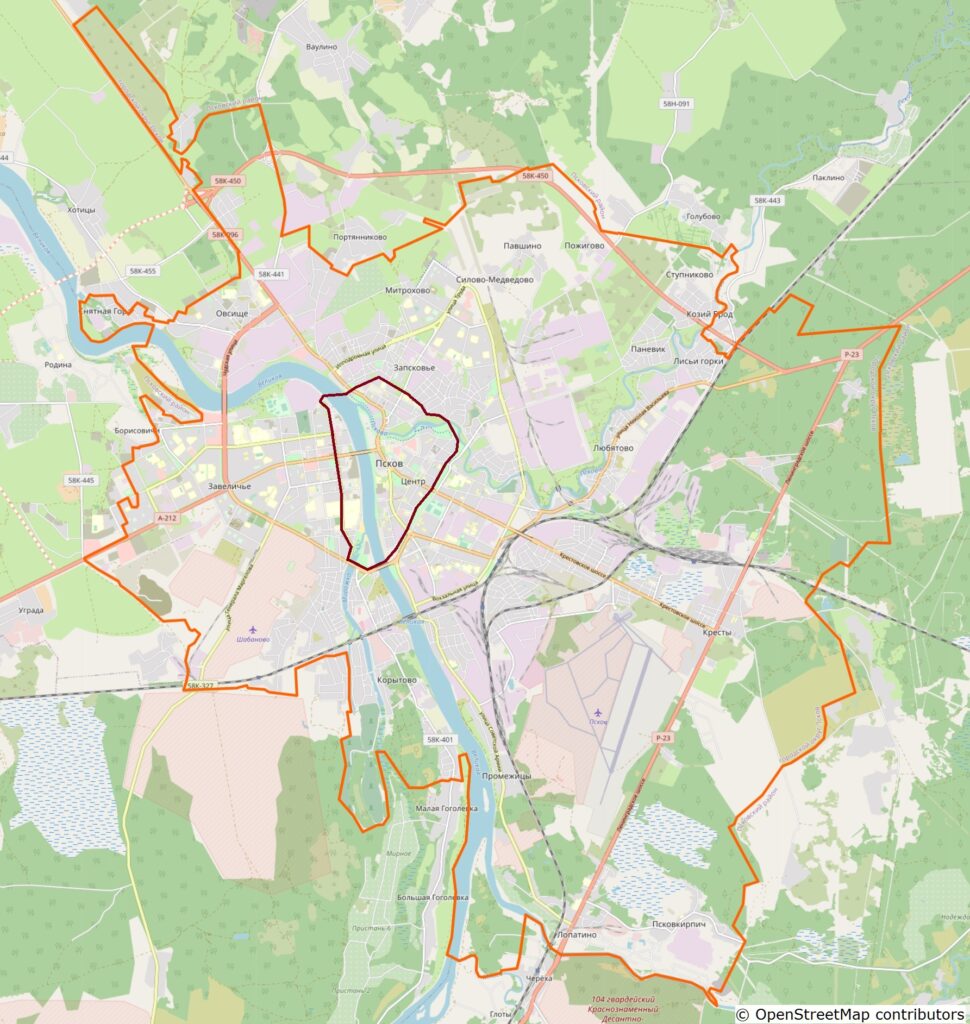 Историческая часть Пскова и границы города. Карта 