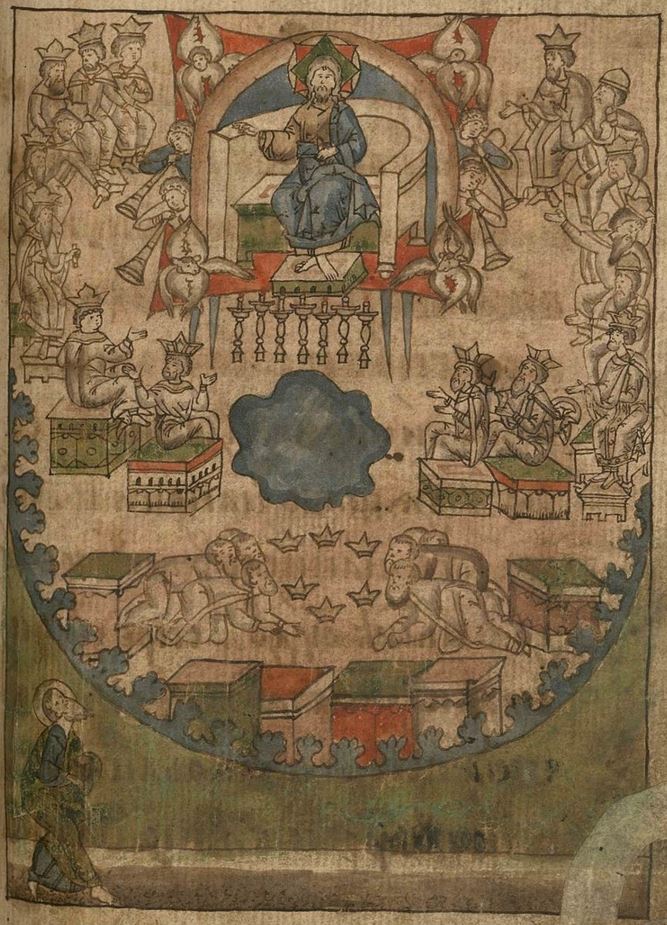 Иллюстрация из лицевого Апокалипсиса XVI века: Бог-Отец, 4 животных, семь светильников и 24 старца.